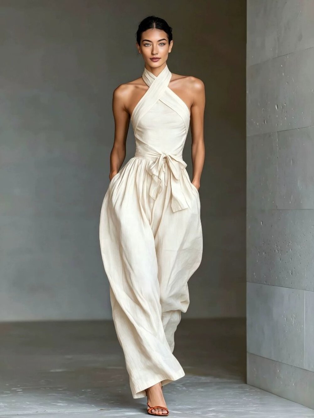 Womens Halter Jumpsuit Backless Wide Leg Pants with Tie Waist White - Picture 1 of 5